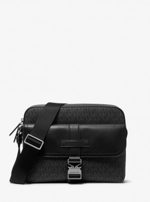 Bolsa Cruzada Michael Kors Hudson Signature Logo and Leather Camera Bag Hombre Negras | 1524-YLAVD