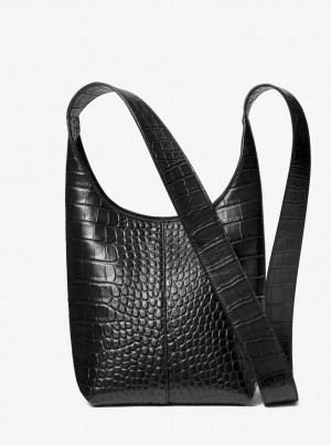 Bolsa De Hombro Michael Kors Dede Mini Crocodile Embossed Leather Hobo Bag Mujer Negras | 7863-APFMO