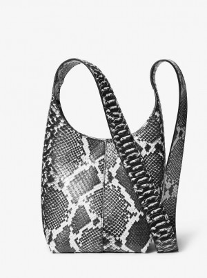 Bolsa De Hombro Michael Kors Dede Mini Python Embossed Leather Hobo Bag Mujer Negras Blancas | 9341-AHRZW