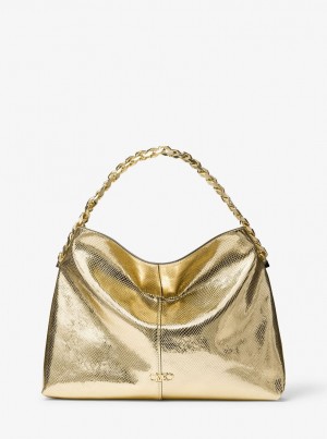 Bolsa De Hombro Michael Kors Jordyn Large Metallic Snake Embossed Leather Hobo Shoulder Bag Mujer Doradas | 4190-PERGD