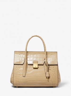 Bolso Satchel Michael Kors Campbell Medium Crocodile Embossed Leather Satchel Mujer Dune | 3197-EIGSY