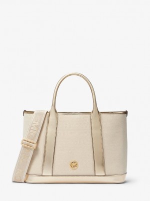 Bolso Satchel Michael Kors Luisa Medium Cotton Canvas and Metallic Satchel Mujer Doradas Beige | 4092-IRYNQ