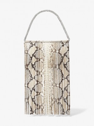 Bolsos De Mano Michael Kors Ali Fringed Python Embossed Leather Clutch Mujer Beige | 0786-QHAEO