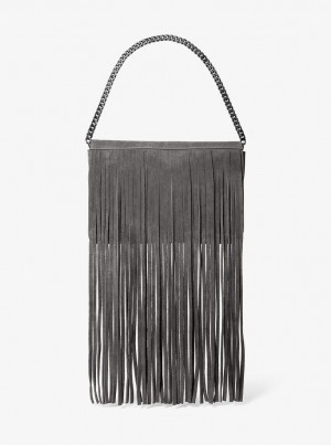 Bolsos De Mano Michael Kors Ali Fringed Suede Clutch Mujer Gris Oscuro | 9204-RKSYC