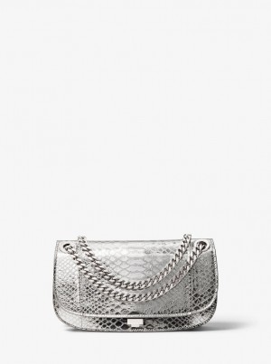 Bolsos De Mano Michael Kors Christie Mini Metallic Python Embossed Leather Envelope Bag Mujer Plateadas | 8420-KNQZO