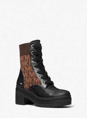 Botas Michael Kors Brea Leather and Logo Jacquard Combat Boot Mujer Marrones | 3068-KNGXA