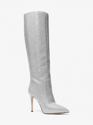 Botas Michael Kors Rue Embellished Glitter Chain-Mesh Knee Boot Mujer Plateadas | 9620-JQDRF