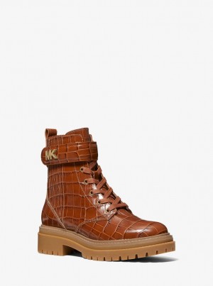 Botas Michael Kors Stark Crocodile Embossed Leather Combat Boot Mujer Marrones | 5208-THUYX