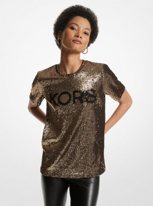 Camiseta Michael Kors KORS Sequined Stretch Tulle T-Shirt Mujer Negras Doradas | 5034-SEOBF