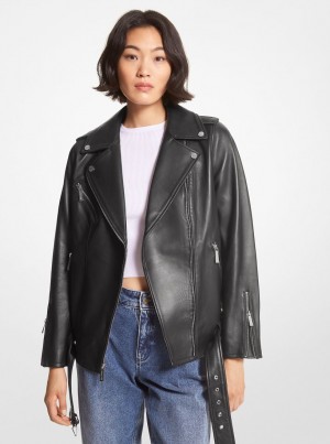 Chaquetas Michael Kors Belted Leather Biker Jacket Mujer Negras | 8371-SPCZN