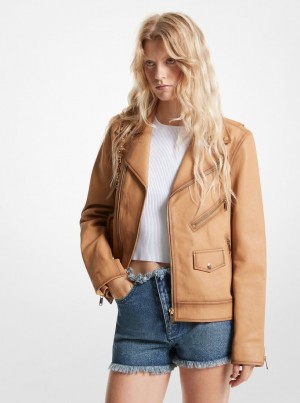 Chaquetas Michael Kors Leather Moto Jacket Mujer Pale Peanut | 8560-IUSZL