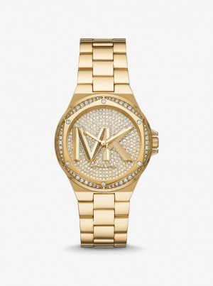 Gold-tone Michael Kors Lennox Pave Logo Gold-Tone Logo Watch Mujer Doradas | 5604-BSWJF