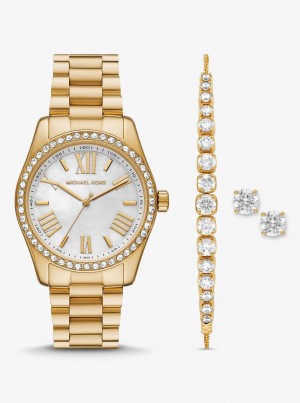 Gold-tone Michael Kors Lexington Pave Gold-Tone Watch and Jewelry Gift Set Mujer Doradas | 5972-UNTXC