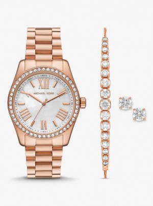 Gold-tone Michael Kors Lexington Pave Rose Gold-Tone Watch and Jewelry Gift Set Mujer Rosas Doradas | 0613-KONYL