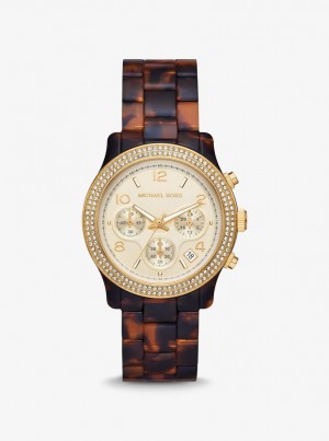 Gold-tone Michael Kors Runway Pave Gold-Tone and Tortoiseshell Acetate Watch Mujer Tortoise | 9063-PCFYQ