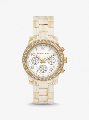 Gold-tone Michael Kors Runway Pave Gold-Tone and Acetate Watch Mujer Alabaster | 3971-QGAJV