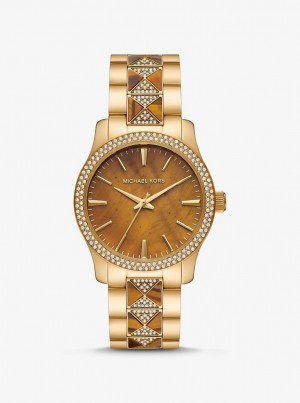 Gold-tone Michael Kors Runway Pave Gold-Tone and Tiger's Eye Watch Mujer Doradas | 5268-XOBDH