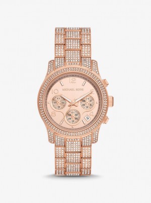 Gold-tone Michael Kors Runway Pave Rose Gold-Tone Watch Mujer Rosas Doradas | 6789-CMUYX