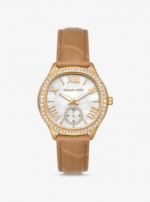 Gold-tone Michael Kors Sage Pave Gold-Tone and Crocodile Embossed Leather Watch Mujer Peanut | 8194-BZIJP