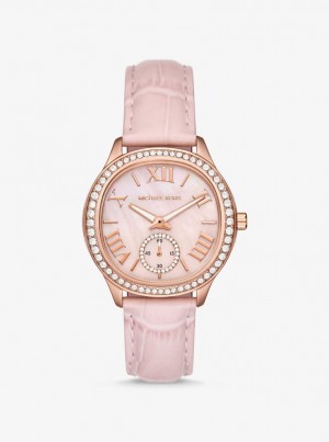 Gold-tone Michael Kors Sage Pave Rose Gold-Tone and Crocodile Embossed Leather Watch Mujer Rosas | 0817-ZXLTM