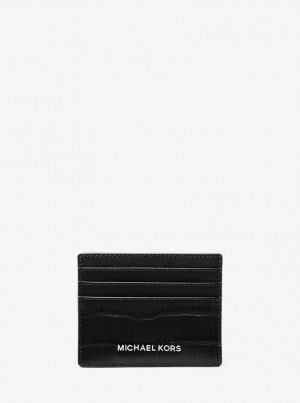 Porta Tarjetas Michael Kors Hudson Crocodile Embossed Leather Tall Card Case Hombre Negras | 6487-EIXPY