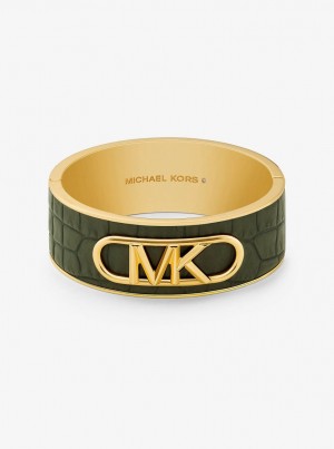 Pulseras Michael Kors Precious Metal-Plated Brass and Crocodile Embossed Empire Logo Bangle Mujer Verde | 7520-UGYTR