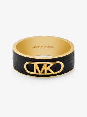 Pulseras Michael Kors Precious Metal-Plated Brass and Crocodile Embossed Empire Logo Bangle Mujer Negras | 2741-LJIDW