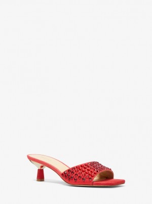 Sandalias Michael Kors Amal Embellished Faux Suede Kitten Sandal Mujer Rojas | 3126-CBYGR