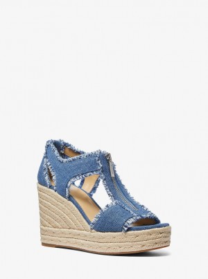 Sandalias Michael Kors Berkley Frayed Denim Wedge Sandal Mujer Azules | 9031-HIWXB