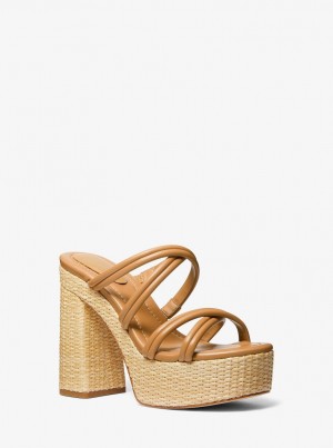 Sandalias Michael Kors Corrine Leather and Straw Platform Sandal Mujer Pale Peanut | 0356-JLTWI