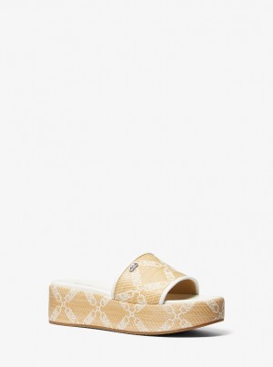 Sandalias Michael Kors Ember Empire Logo Jacquard Straw Platform Sandal Mujer Nat/Opticwht | 0326-SKWFE