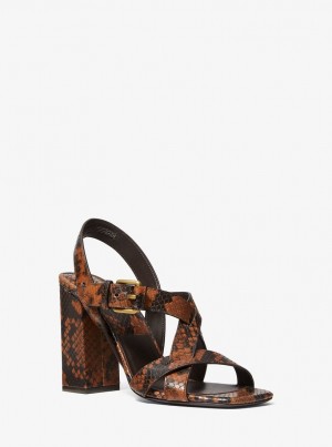 Sandalias Michael Kors Gladys Python Embossed Leather Sandal Mujer Marrones | 1298-DSJKV