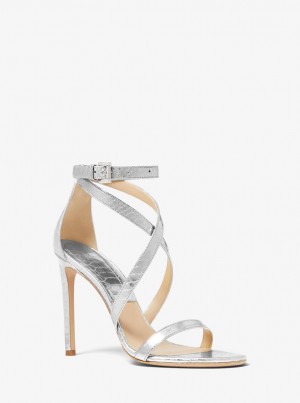 Sandalias Michael Kors Ingrid Metallic Python Embossed Leather Sandal Mujer Plateadas | 7024-UZQSF