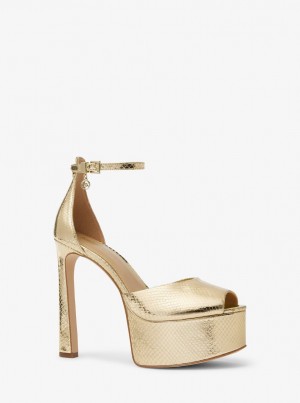 Sandalias Michael Kors Martina Metallic Snake Embossed Leather Peep-Toe Platform Pump Mujer Doradas | 3586-MIZDJ