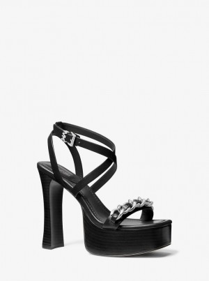 Sandalias Michael Kors Paola Chain Embellished Leather Platform Sandal Mujer Negras | 2759-FGTNH