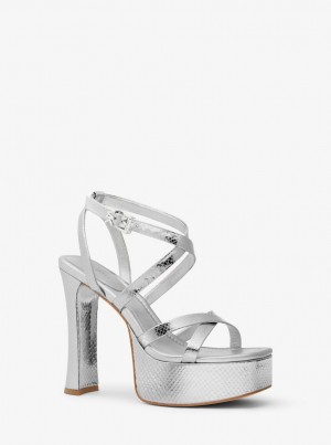 Sandalias Michael Kors Paola Metallic Snake Embossed Leather Platform Sandal Mujer Plateadas | 4325-CQTAK