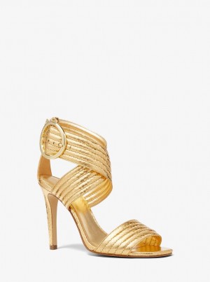 Sandalias Michael Kors Remi Metallic Snake Embossed Leather Sandal Mujer Doradas | 7258-KFGNZ