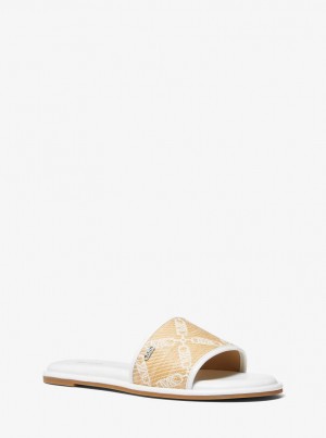 Sandalias Michael Kors Saylor Empire Logo Jacquard Straw Slide Sandal Mujer Nat/Opticwht | 5780-BJYWZ