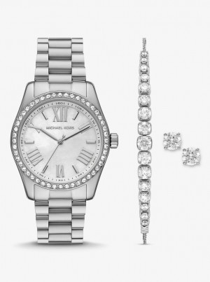 Silver-tone Michael Kors Lexington Pave Silver-Tone Watch and Bracelet Set Mujer Plateadas | 2507-NPHEJ