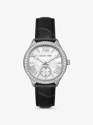 Silver-tone Michael Kors Sage Pave Silver-Tone and Crocodile Embossed Leather Watch Mujer Negras | 9524-VSOUD