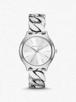 Silver-tone Michael Kors Slim Runway Silver-Tone Curb-Link Watch Mujer Plateadas | 5487-NISVJ