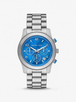 Silver-tone Michael Kors Watch Hunger Stop Oversized Runway Silver-Tone Watch Hombre Plateadas | 5709-UKFRO