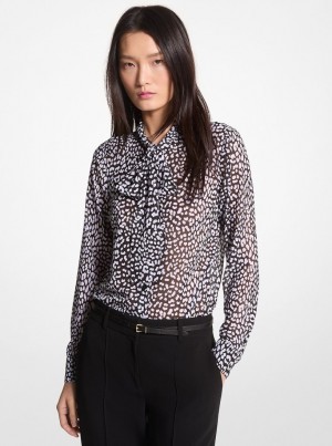 Tops Michael Kors Graphic Leopard Print Georgette Tie-Neck Blouse Mujer Negras Blancas | 0534-OJDQH