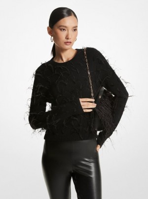 Truien Michael Kors Feather Embellished Merino Wool Blend Cropped Sweater Mujer Negras | 8179-SIMKC