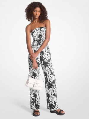 Vestido Michael Kors Palm Print Satin Tie-Back Jumpsuit Mujer Negras Blancas | 5403-HANPK