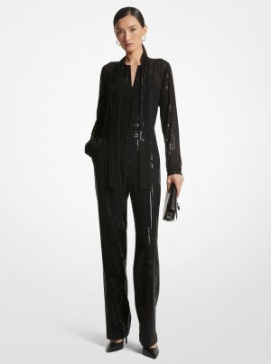 Vestido Michael Kors Pinstripe Sequined Georgette Jumpsuit Mujer Negras | 3612-KQZFC