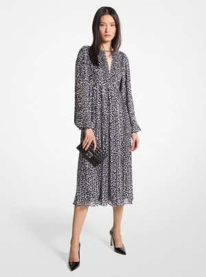 Vestido Michael Kors Pleated Leopard Print Georgette Midi Dress Mujer Negras Blancas | 5130-OBHMX