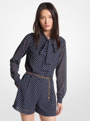 Vestido Michael Kors Polka Dot Georgette Belted Tie-Neck Romper Mujer Midnightblue | 6178-AWELP