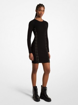 Vestido Michael Kors Ribbed Stretch Knit Lace-Up Dress Mujer Negras | 8914-GLTYV