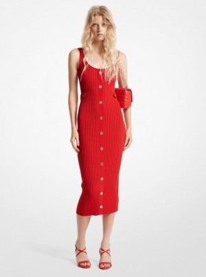 Vestido Michael Kors Ribbed Stretch Knit Midi Dress Mujer Rojas | 1026-TZKEJ